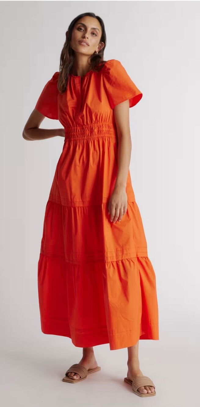 Quince 100% Organic Cotton Poplin Tiered Maxi Dress Vermillion Red Size XL